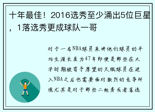 十年最佳!2016选秀至少涌出5位巨星,1落选秀更成球队一哥