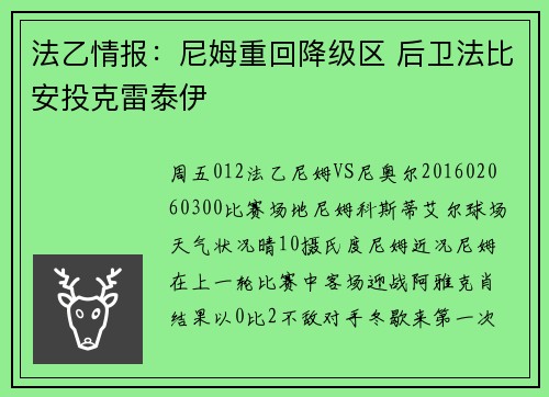 法乙情报：尼姆重回降级区 后卫法比安投克雷泰伊